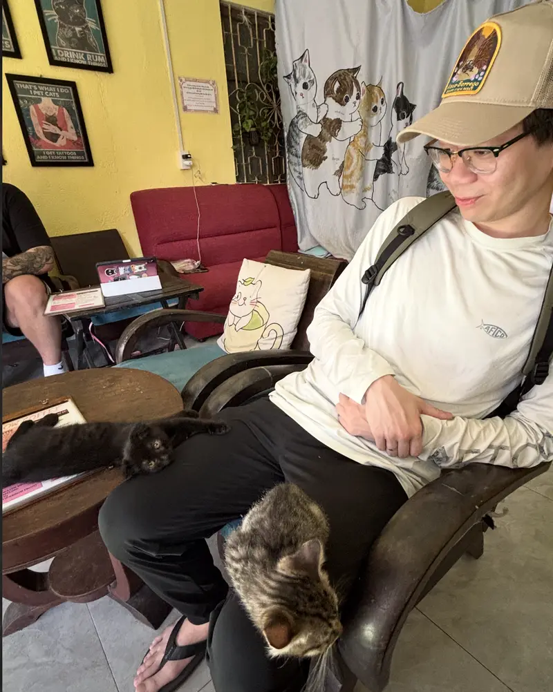 Jeremy with two cats at Meow Coffee Đà Nẵng